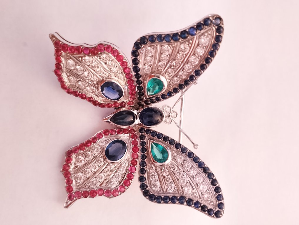 Broche - 18 karaat Witgoud Saffier - Diamant #2.1