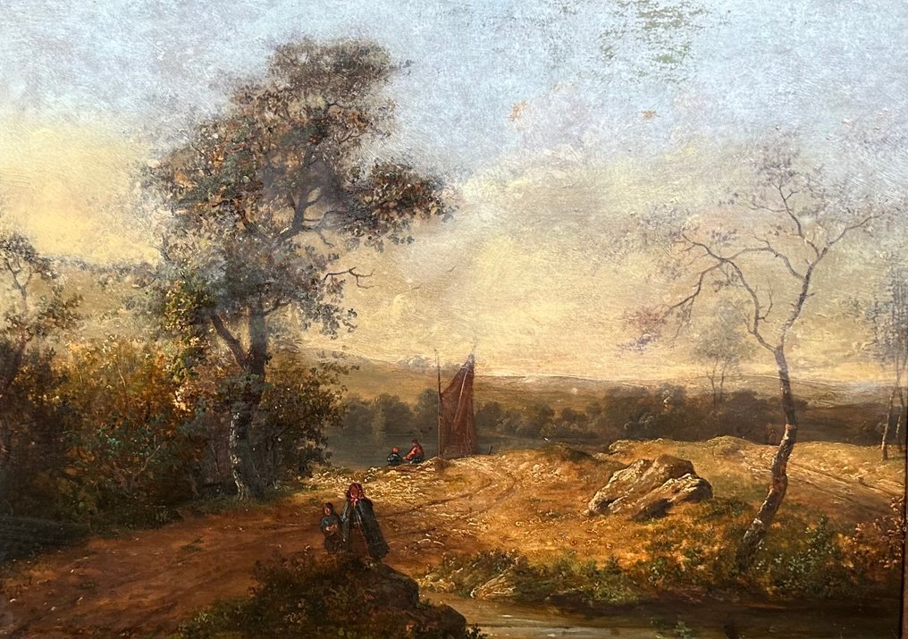 荷兰学校 (XIX) - Landschap met personen en boot op de achtergrond #1.0