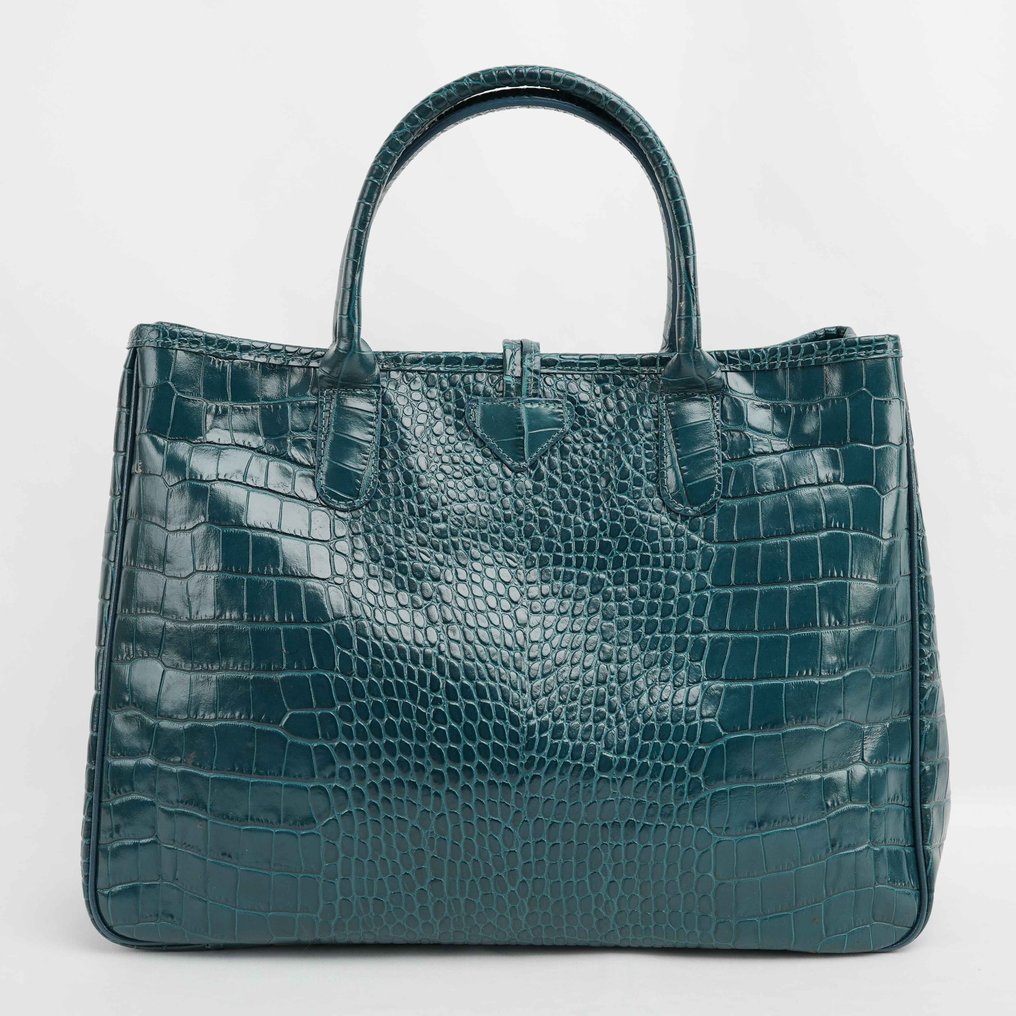 Longchamp - Teal Crocodile-Embossed Leather Tote Bag with Signature Bamboo-Style Clasp – Made in France - Handväska #4.3