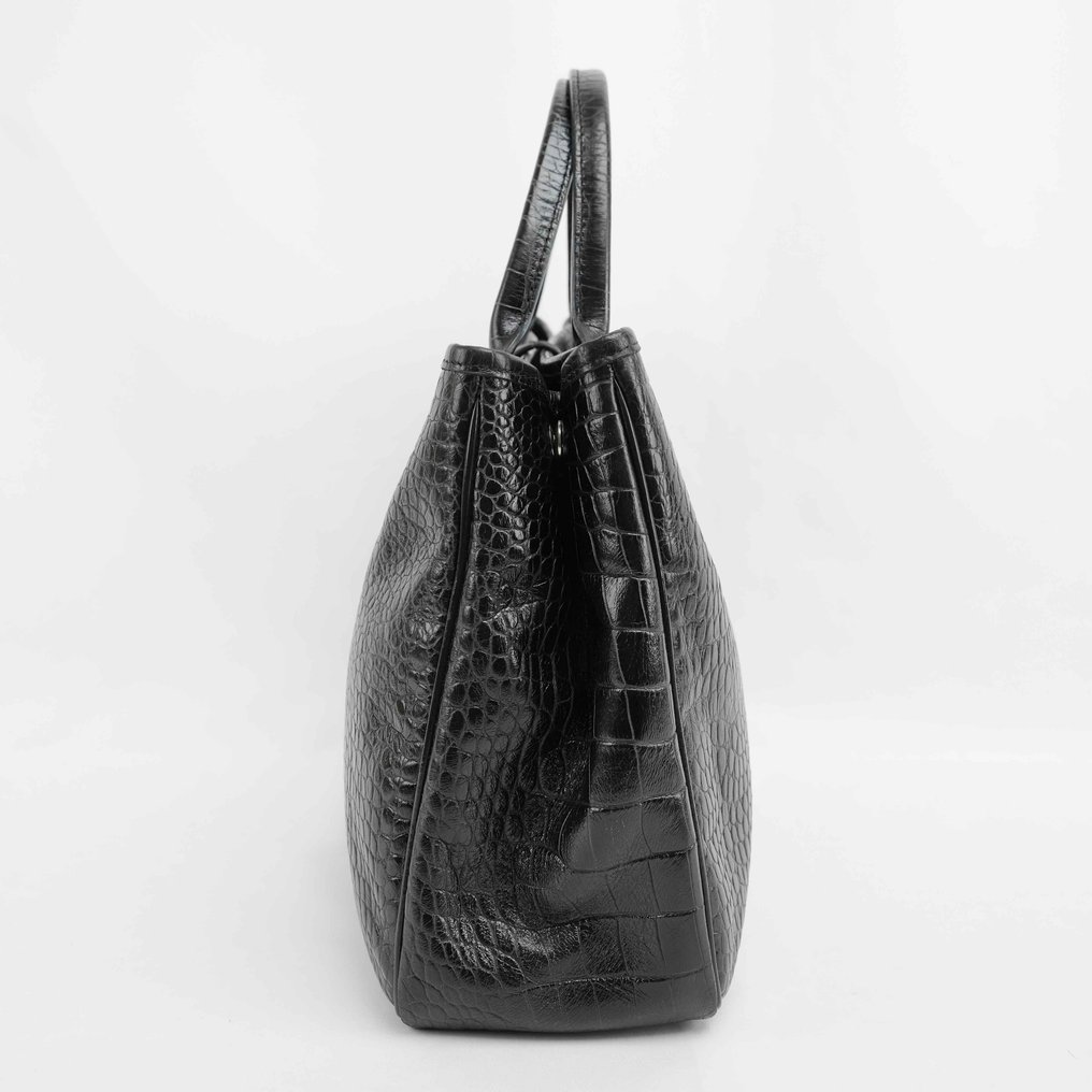 Longchamp - Black Crocodile-Embossed Leather Tote Bag - Τσάντα #4.3