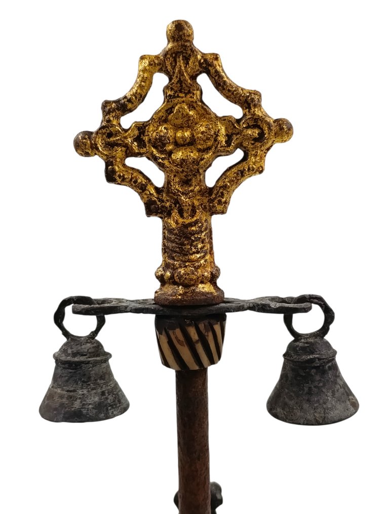 塑像, Seltener Prozessionsstab - 37.5 cm - 铁, 黄铜色, 角, 镀金 #3.2