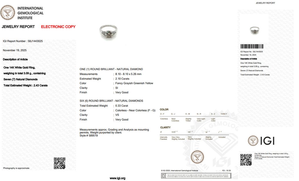 Sans prix de réserve - Bague - 14 carats Or blanc - 2.43ct. tw. Jaune Diamant (Couleur naturelle) - Diamant #2.1