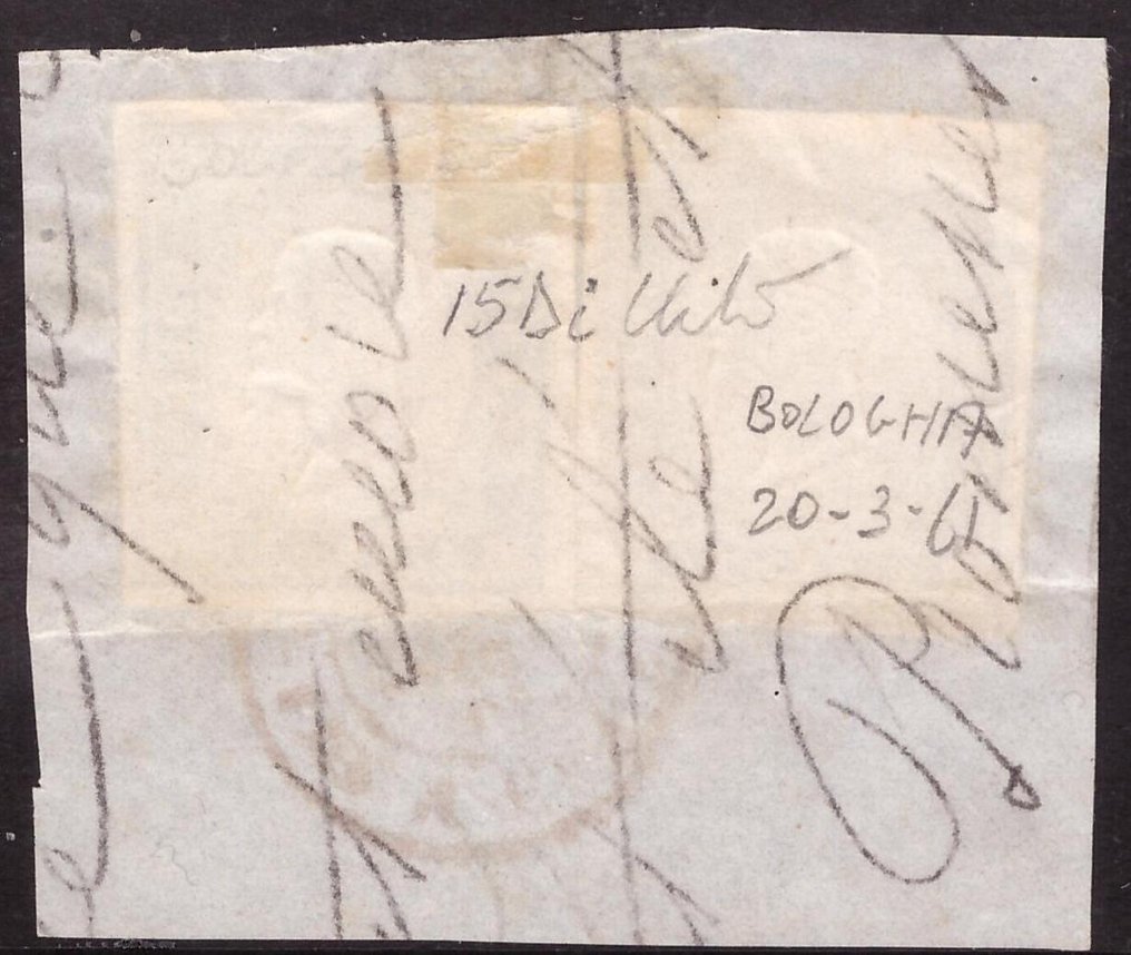 意大利古國－薩丁尼亞 1861 - 20 C. 深奥蓝钴色对在博洛尼亚碎片上的一对 - Sassone 15Di #1.0