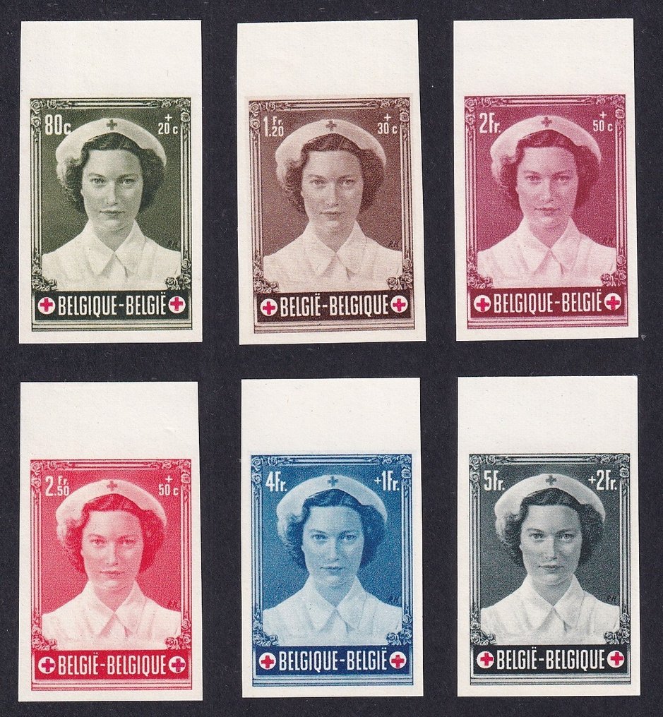 Bélgica 1953 - Série completa Prinses Joséphine Charlotte - Cruz Vermelha - com aba de folhas - tiragem de 204 - OBP 912/17 #1.0