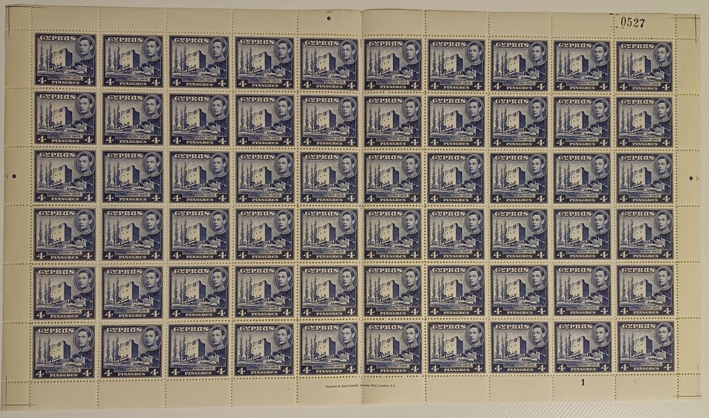 Cipro 1938/1938 - Francobolli definitivi di Cipro del 1938, 4 piastres, MNH, in foglio completo di 60. - Stanley Gibbons No 156b #1.0