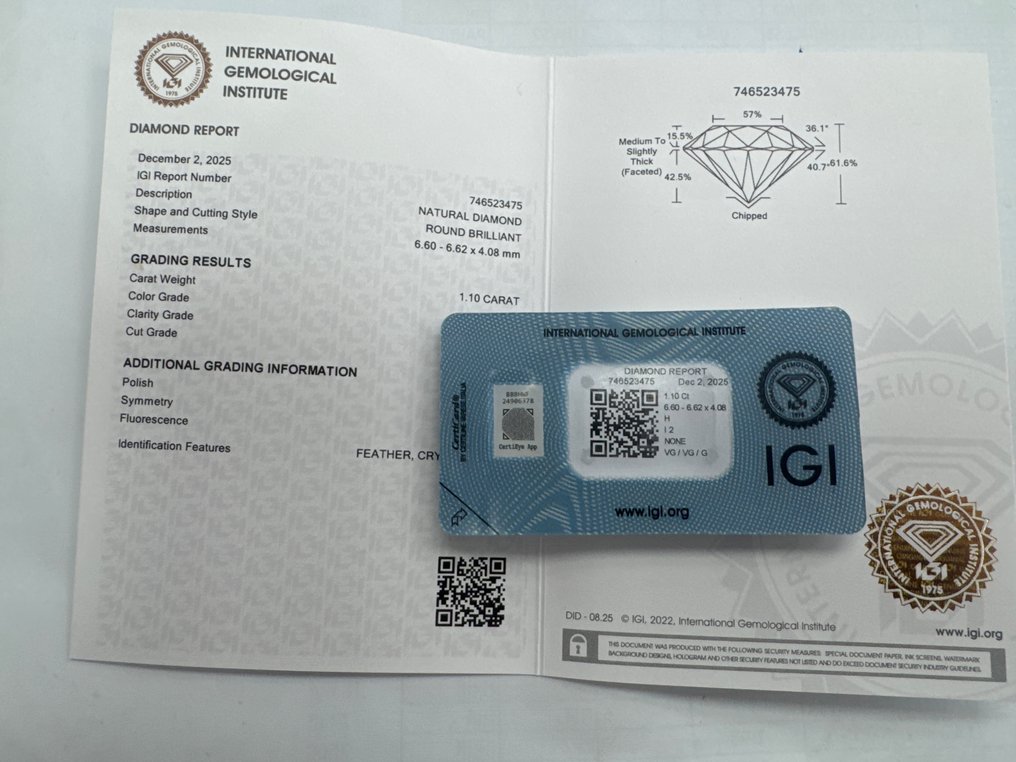 Zonder minimumprijs - 1 pcs Diamant (Natuurlijk) - 1.10 ct - Rond - H - P2 - International Gemological Institute (IGI) #3.2