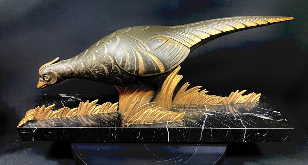 Rzeźba, Pheasant and butterfly - 21 cm - Marmur, Metal #1.0