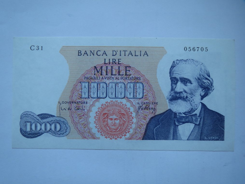 Italy. - 1.000 Lire 1966 "Verdi" 1° Tipo - Gigante BI 55E; Pick 96 #3.2