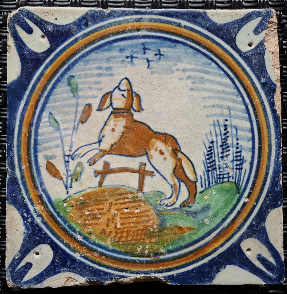  Tile - Very early antique circle tile with a jumping dog. - 1600-1650  #3.2