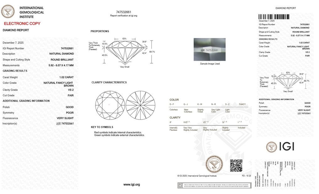 1 pcs Diamant (Colorat natural) - 1.02 ct - Rotund - Fancy light Maro - VS2 - IGI (Institutul gemologic internațional) #2.1