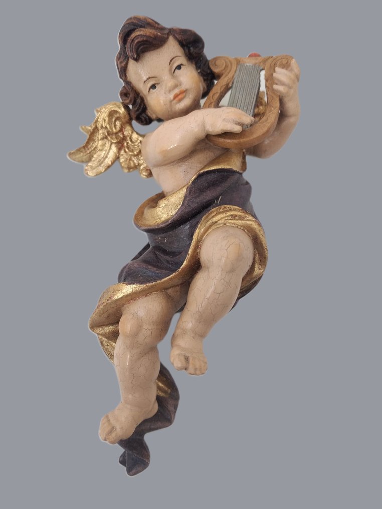 Intaglio, Holzfigur - farbiger Engel mit Harfe - Wandfigur - 15 cm - Legno - 1970 #3.2