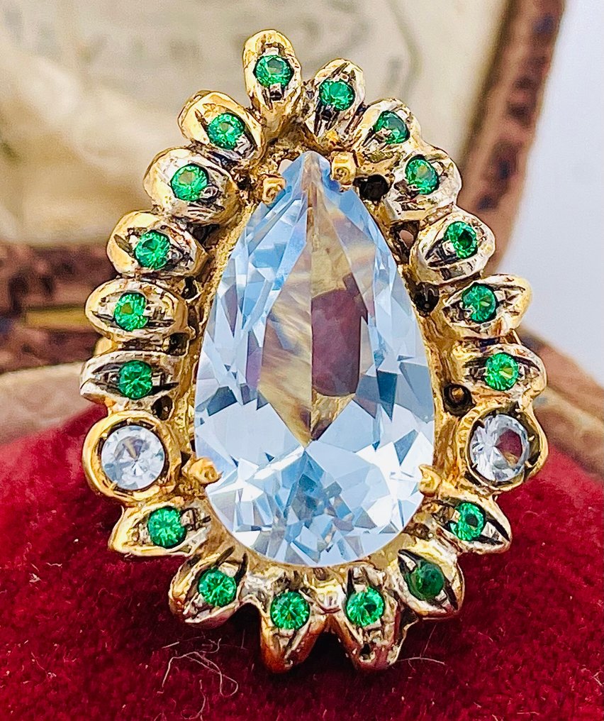 χωρίς τιμή ασφαλείας - Δαχτυλίδι - 9 kt. Κίτρινο χρυσό, Ασημί Ακουαμαρίνης - Σμαράγδι #4.3