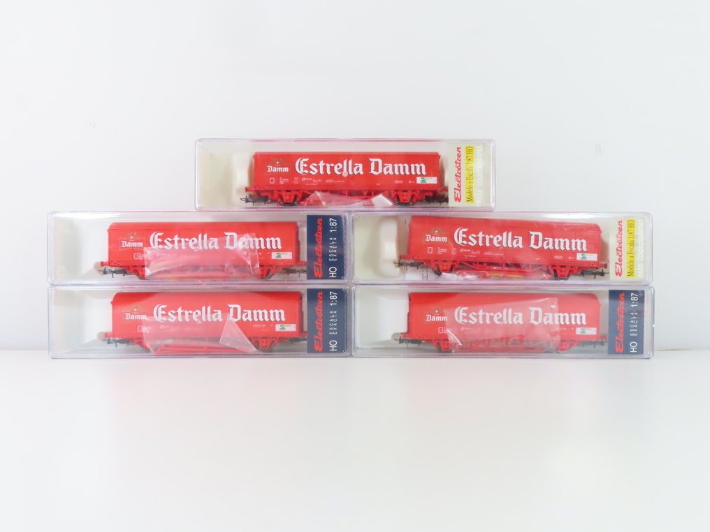 Electrotren H0 - 1753K/1759K - Model wagonu towarowego (5) - 5x 2-osiowe zamknięte wagony towarowe z nadrukiem „Estrella Damm” - RENFE #3.2