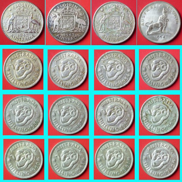 Australia. KGVI & QEII. Florin and Shilling 1942-1962 (16 pieces) (No reserve price) #1.0