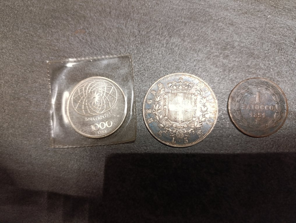 Italy. Lotto 3 monete (5 Lire / 1 Baiocco / 1000 Lire) 1874/1851/1970 (No reserve price) #1.0