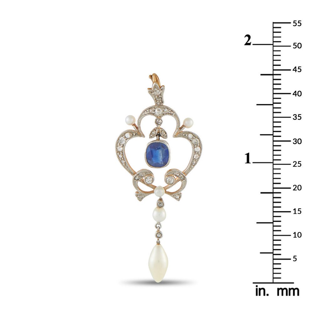 Riipus Antiikkinen platina-diamantti-, safiiri- ja helminauha-riipus., Platina #3.2