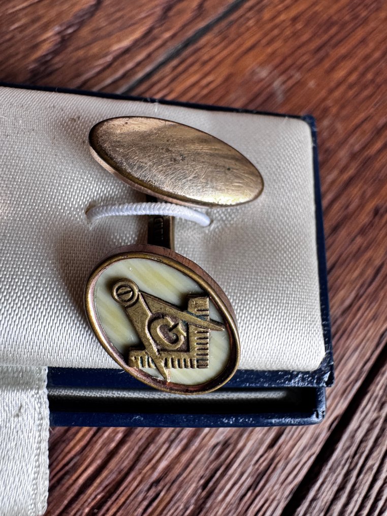 Handmade 1870c äkta mother of pearl mässings Masonic manschettknappar/i originalförpackning - Manschettknappar #1.0
