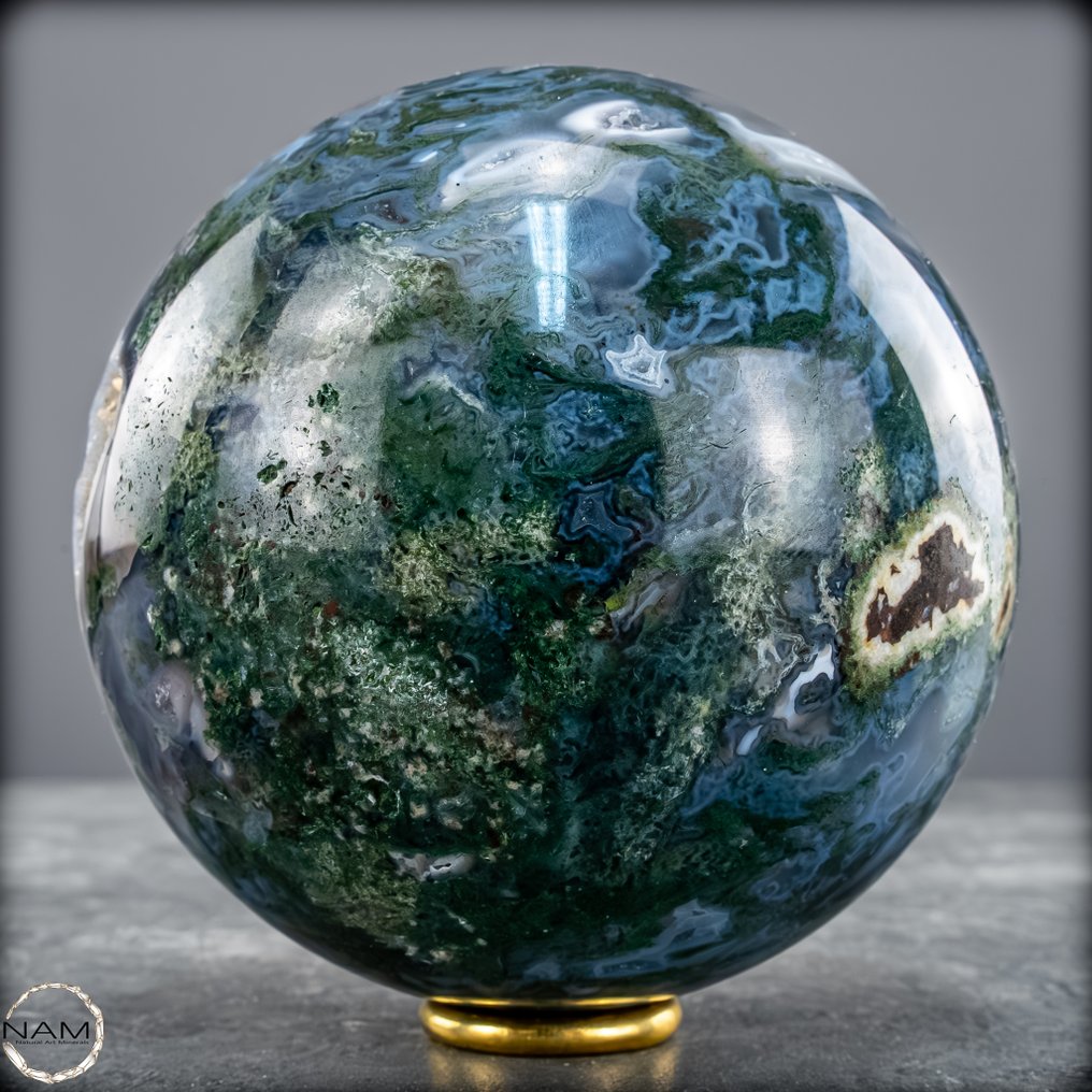 顶级品质天然非常艺术的苔藓玛瑙带晶簇 球体- 1251.64 g #4.3