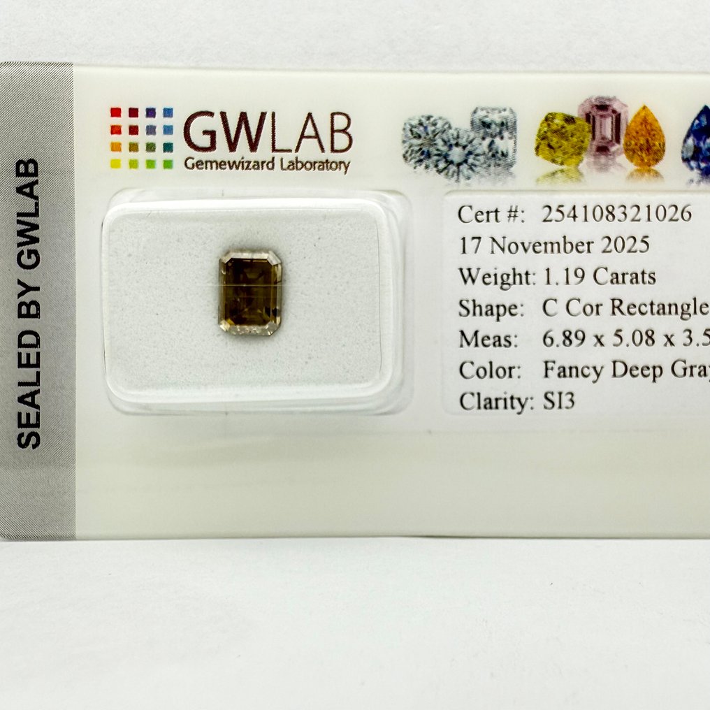 Sem preço de reserva - 1 pcs Diamante (Colorido natural) - 1.19 ct - Retângulo - Fancy deep Cinzento - SI3 - Gemewizard Gemological Laboratory (GWLab) #3.2