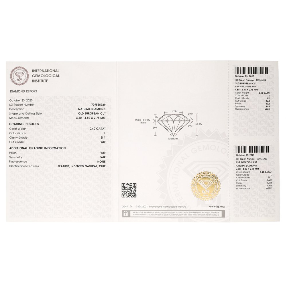 Nincs minimálár - 1 pcs Gyémánt (Természetes) - 0.40 ct - L - SI1 - Nemzetközi Gemmológiai Intézet (IGI) - Régi európai vágás #3.2
