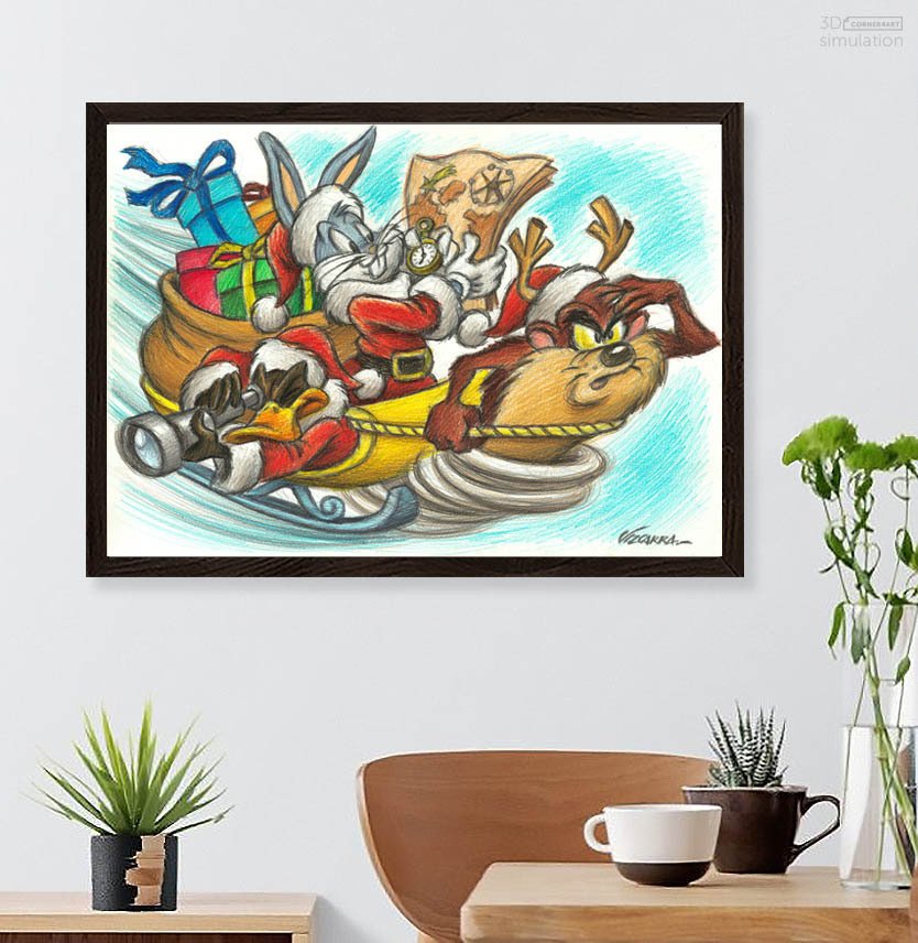 Joan Vizcarra Oryginalny ołówek - Bugs Bunny, Taz & Daffy as Santa’s Team – Hand Signed #1.0