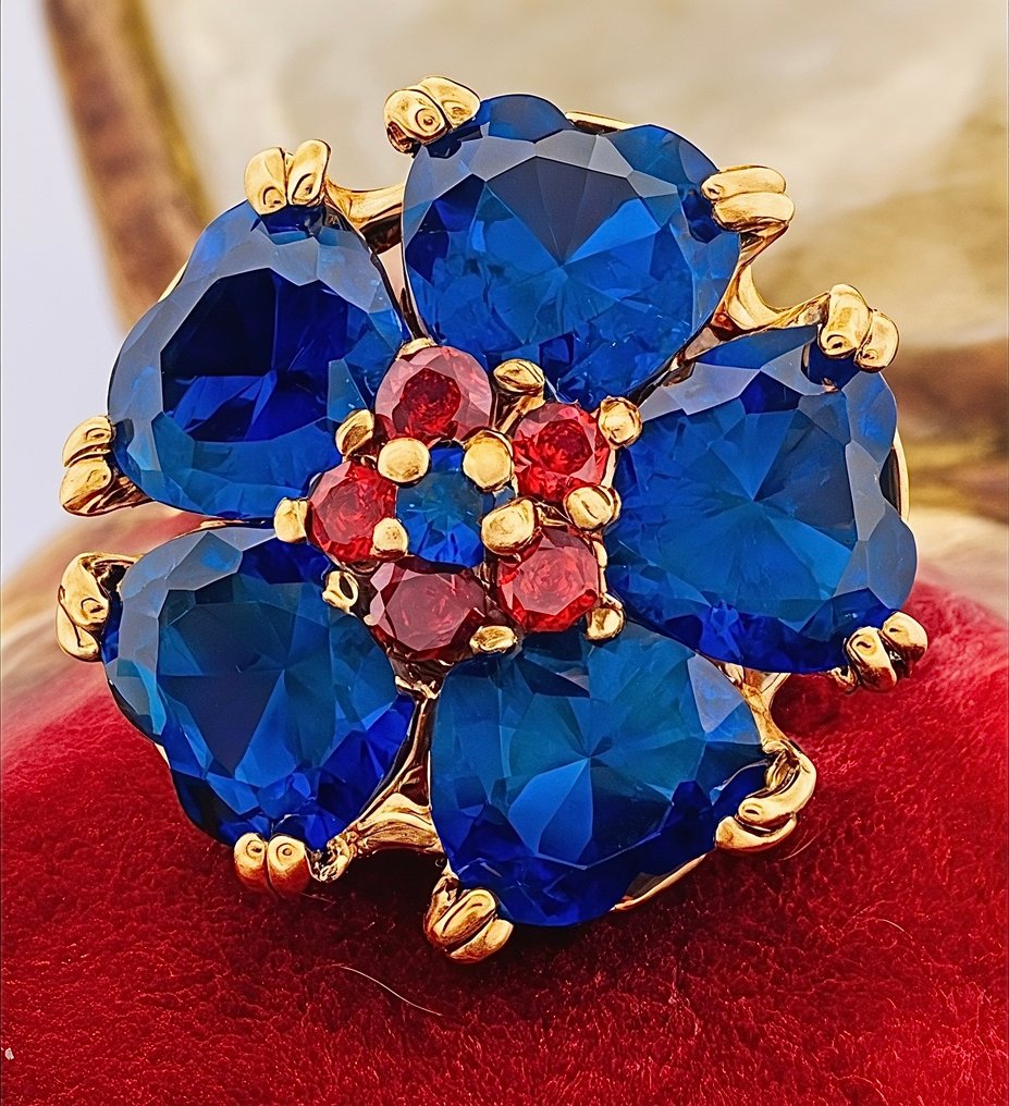 Senza prezzo di riserva - Anello - 9 kt Oro giallo, Argento Zaffiro - Rubino #2.1