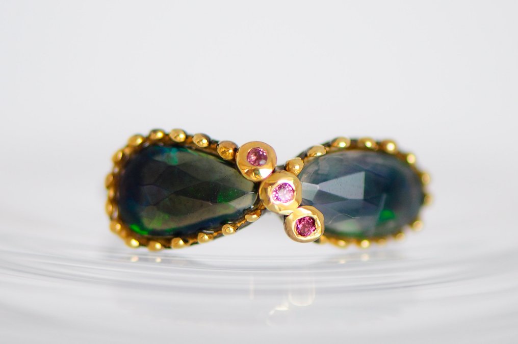 925 ασήμι μαύρο ρουθινωμένο - Όπαλ - Ροδολίτης - Δαχτυλίδι #2.1