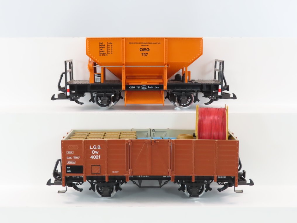 LGB G - 4041/4021 - 模型火车货运车厢 (2) - 碎石车，高货车，带货 - O.E.G. #1.0