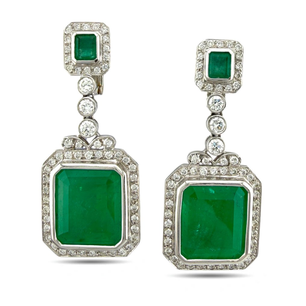 Drop fülbevaló - 18 kt. Exkluzív AGI Tanúsítvánnyal ellátott, 18K fehérarany, 5,50 karátos gyémánt és 56,00 karátos smaragd, Fehér arany -  61.50ct. tw. Smaragd - Gyémánt #1.0