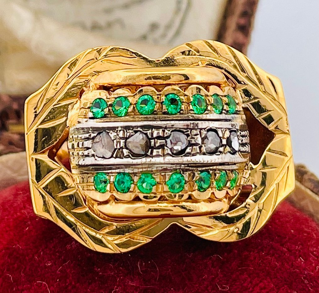 Nincs minimálár - Gyűrű - 9 Kt Sárga arany, Ezüst Smaragd - Gyémánt #2.1