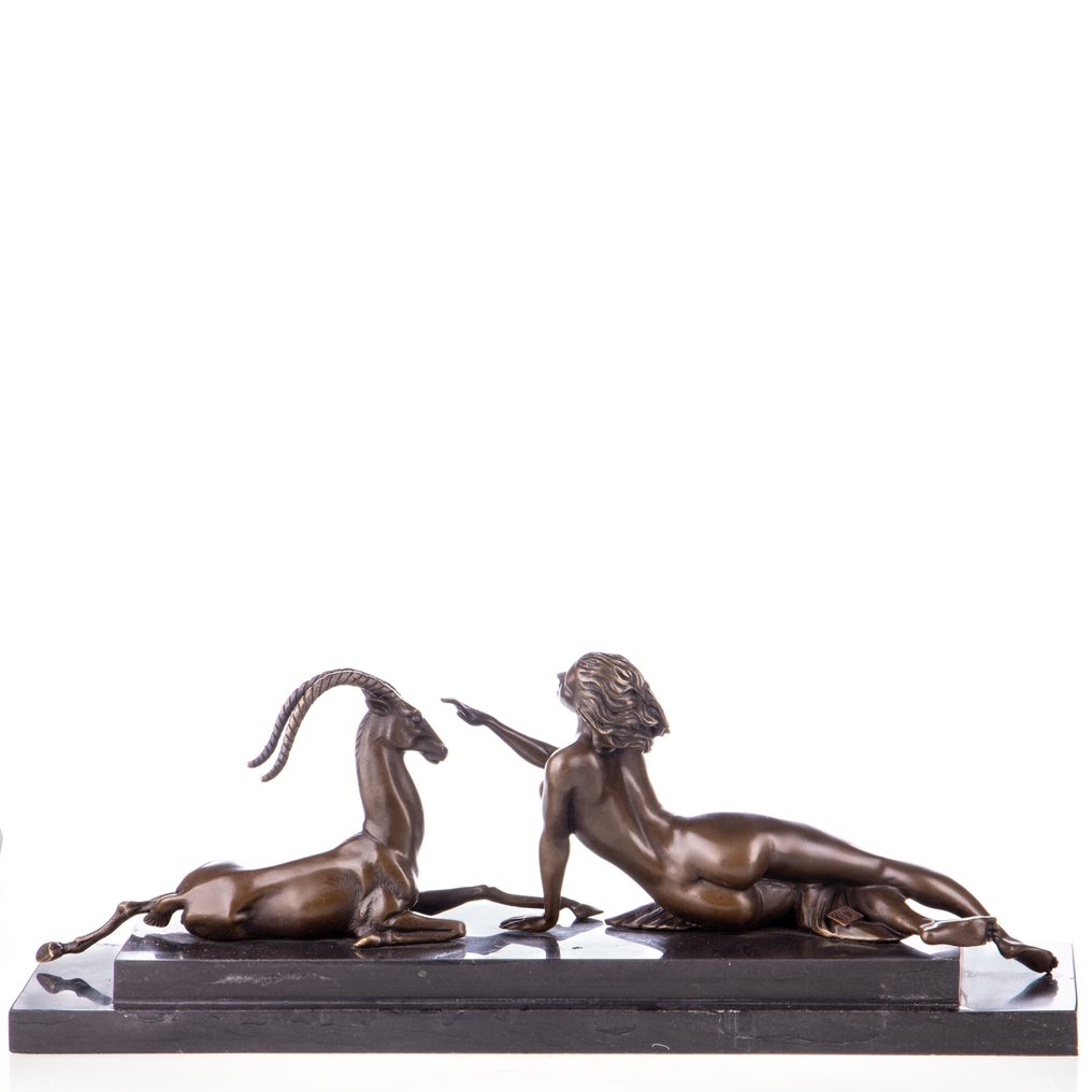 Φιγούρα - Art Deco Bronzefigur Frau mit Antilope - Μπρούντζος, Μάρμαρο #1.0