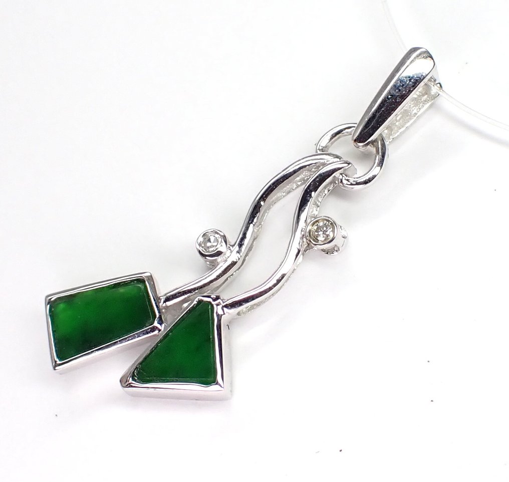 Zonder minimumprijs - Hanger - 18 karaat Witgoud - 0.56ct. tw. Jade - Diamant - *Geen minimumprijs* #2.1