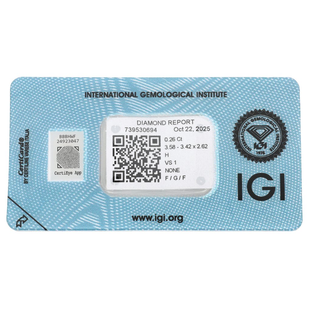 沒有保留價 - 1 pcs 鑽石 (天然) - 0.26 ct - H(次於白色的有色鑽石) - VS1 - 國際寶石學院(International Gemological Institute (IGI)) #2.1