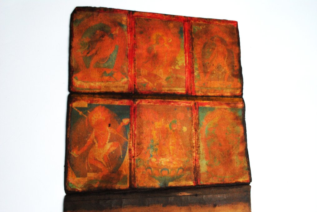 Πολύ παλιό μεγάλο tibetisches Leporello 226 εκ. !! με 6 εικόνες Buddha Leder - Θιβέτ (χωρίς τιμή ασφαλείας) #1.0