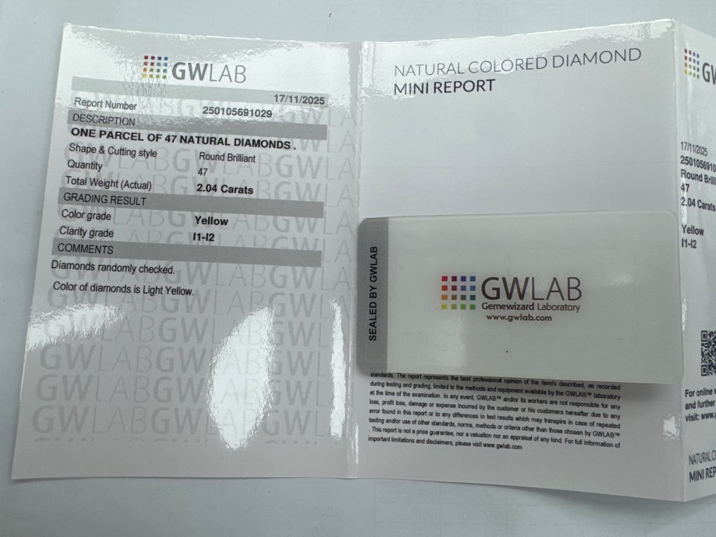 沒有保留價 - 47 pcs 鑽石 (天然彩色) - 2.04 ct - 圓形 - Light 黃色 黃色 - I1, I2 - Gemewizard Gemological Laboratory (GWLab) #3.2