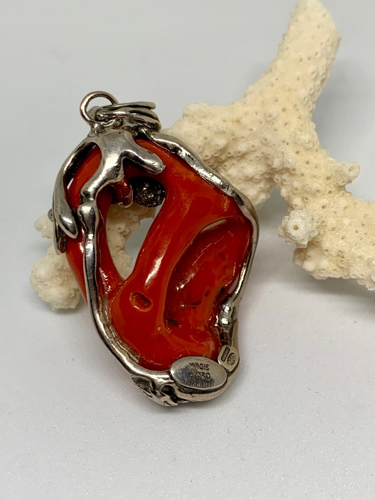 Vér korall - Ezüst - Függő - Vörös korall medál #3.2