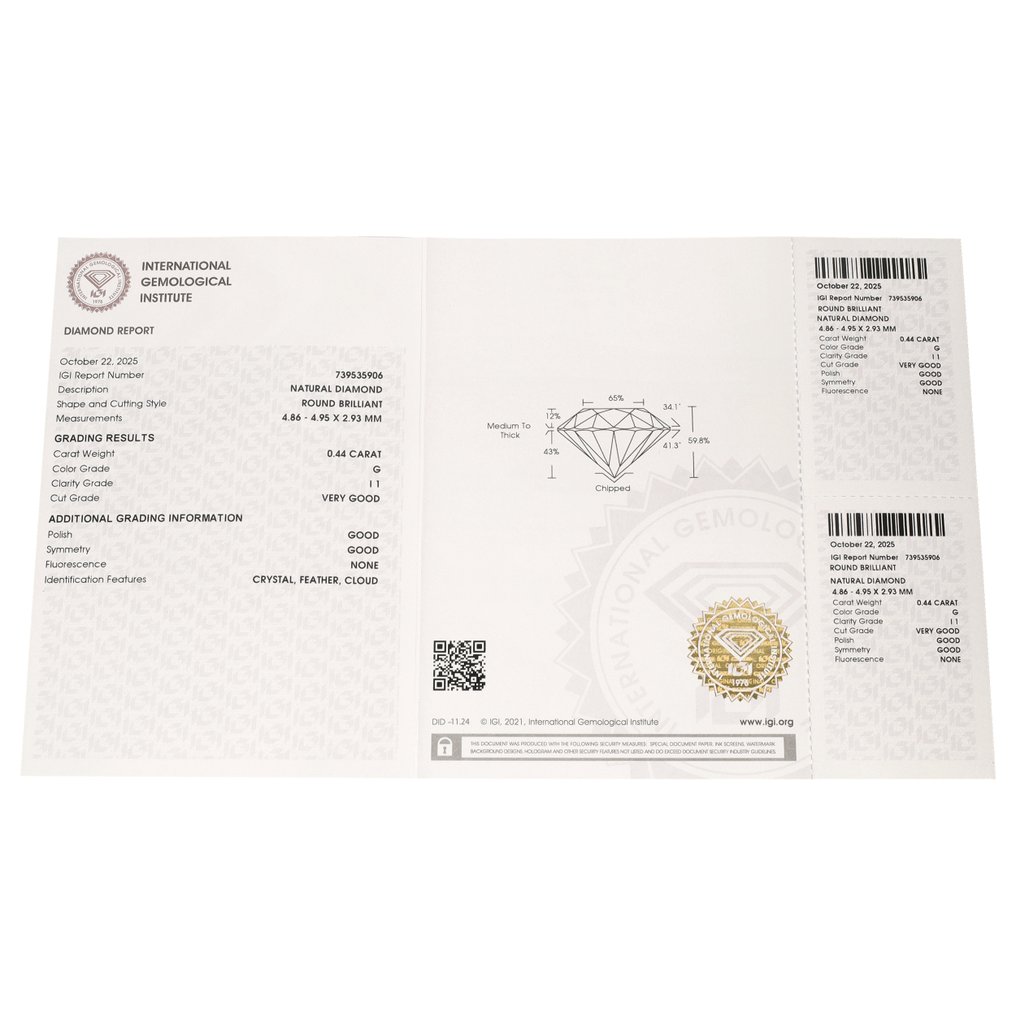 Nincs minimálár - 1 pcs Gyémánt (Természetes) - 0.44 ct - Kerek - G - I1 - Nemzetközi Gemmológiai Intézet (IGI) #3.2