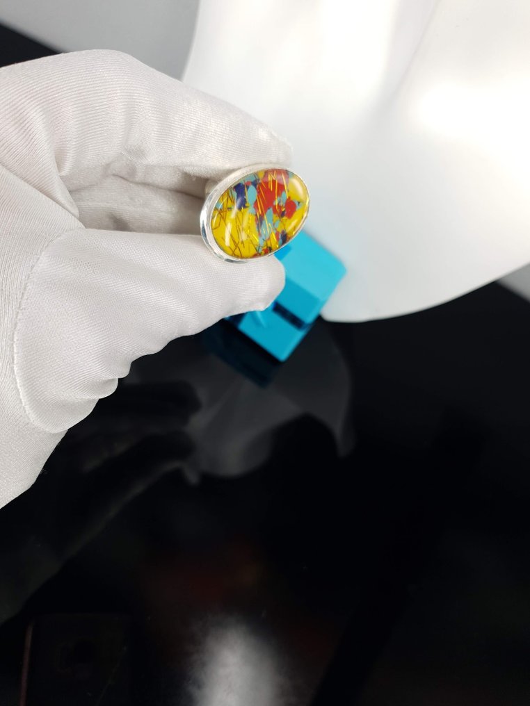 Ασημί, Διάμετρος δαχτυλιδιού: 19 mm / Rutile Quartz Mosaic Jasper - Δαχτυλίδι #3.2