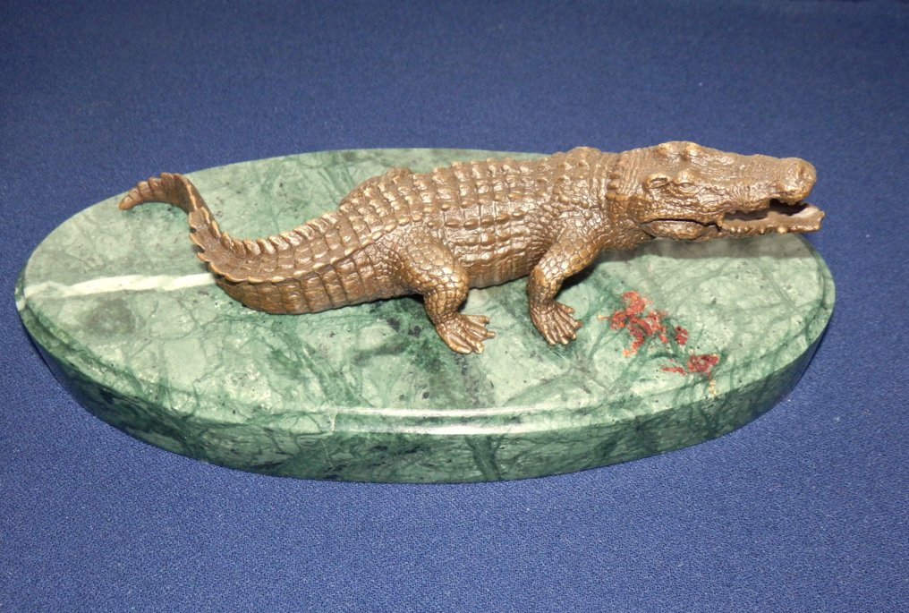 Γλυπτό, Fraaie Bronzen Krokodil - 7 cm - Μπρούντζος, Μάρμαρο - 2020 #1.0