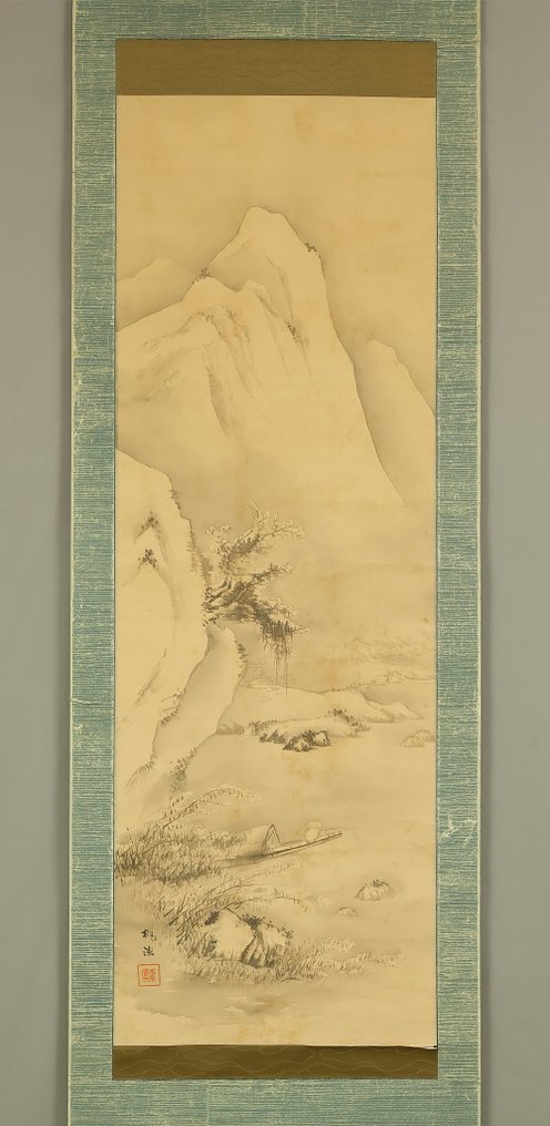 Winter Mountains Landscapes Man Fishing in Snow with Box - with signature and seal 'Togen' 桃源 - 日本 (沒有保留價) #2.1