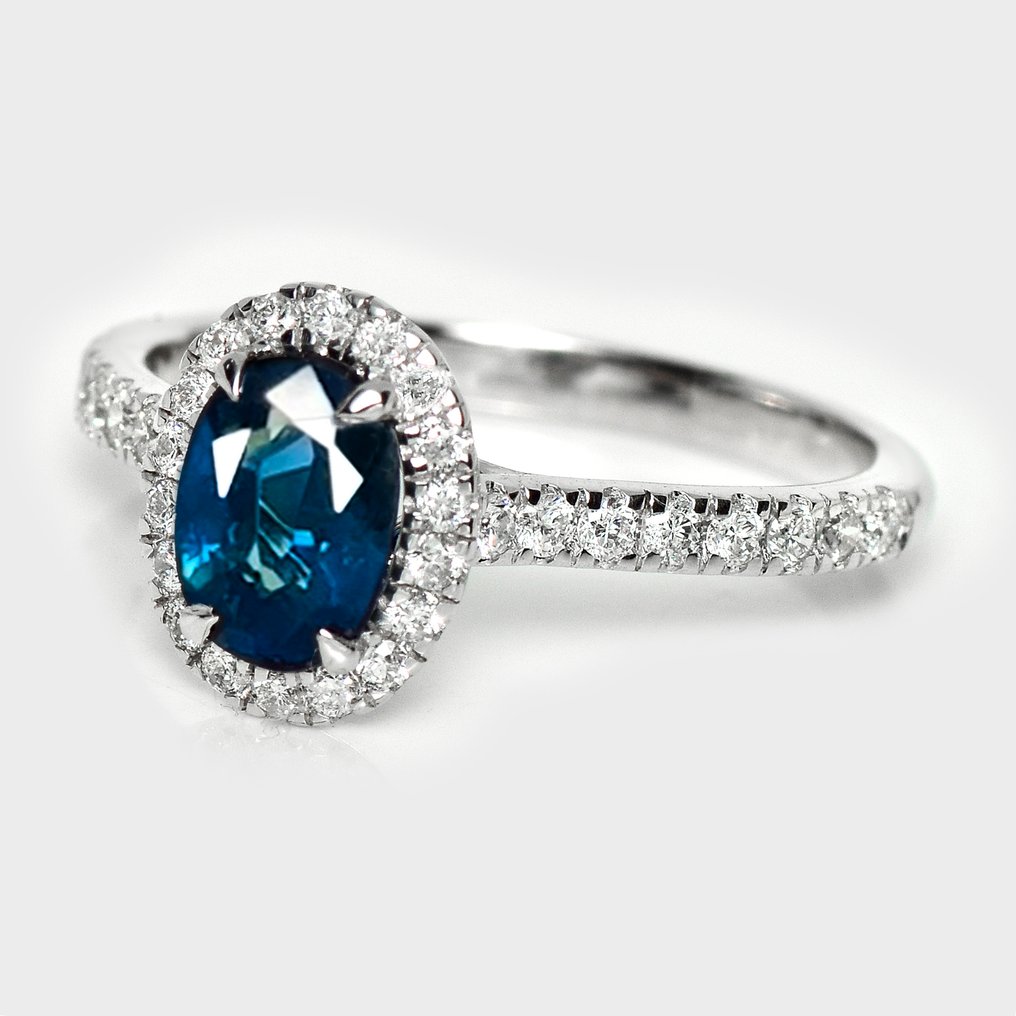 Sans prix de réserve - Bague - 14 carats Or blanc, HRD 1,13 ct Vert bleu intense - 1.53ct. tw. Saphir - Diamant #2.1