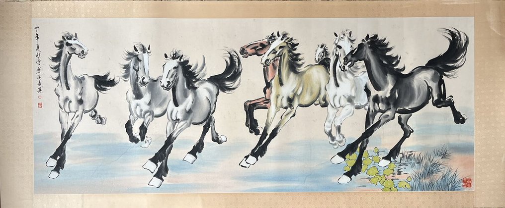 INK AND COLOR ON PAPER PAINTING“Eight Horses”《八骏图》 - Attributed to - Kina #1.0