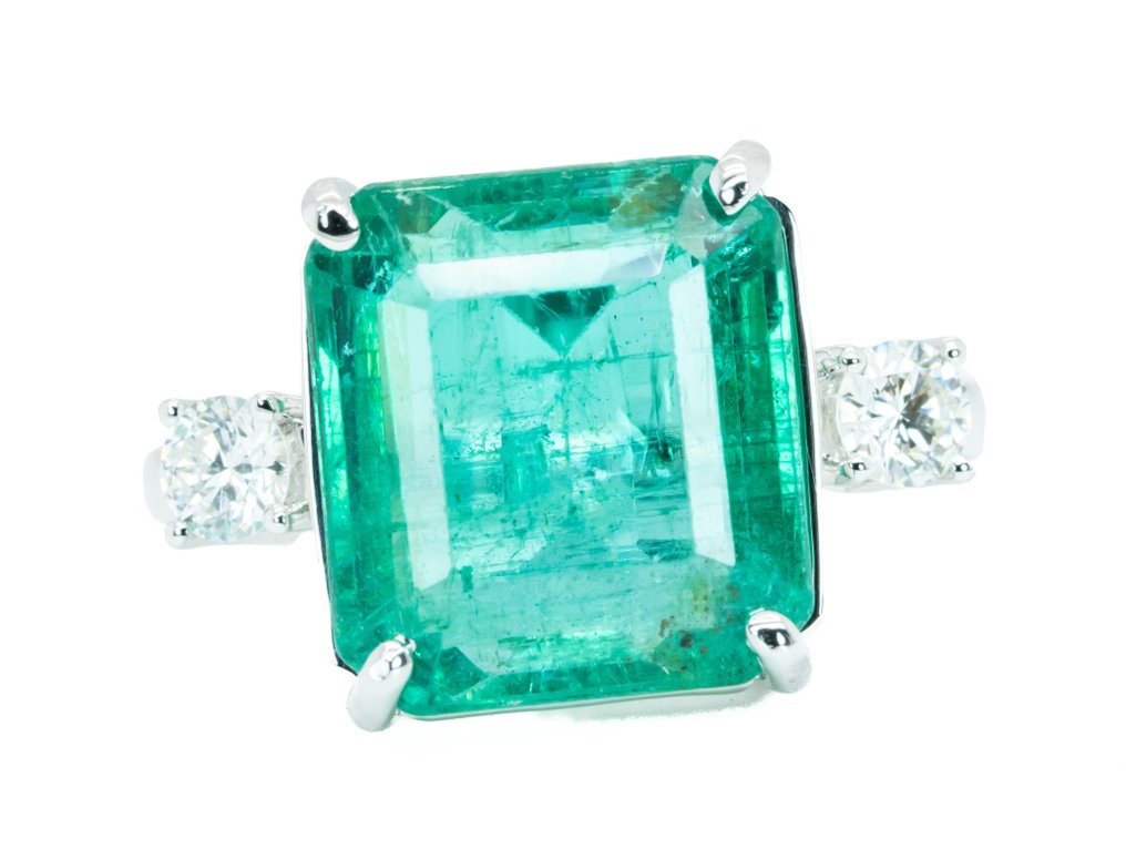 戒指 - 14 克拉 白金, 浓绿 -  7.81ct. tw. 祖母綠 - 鉆石 - 0.32克拉 - VS #1.0