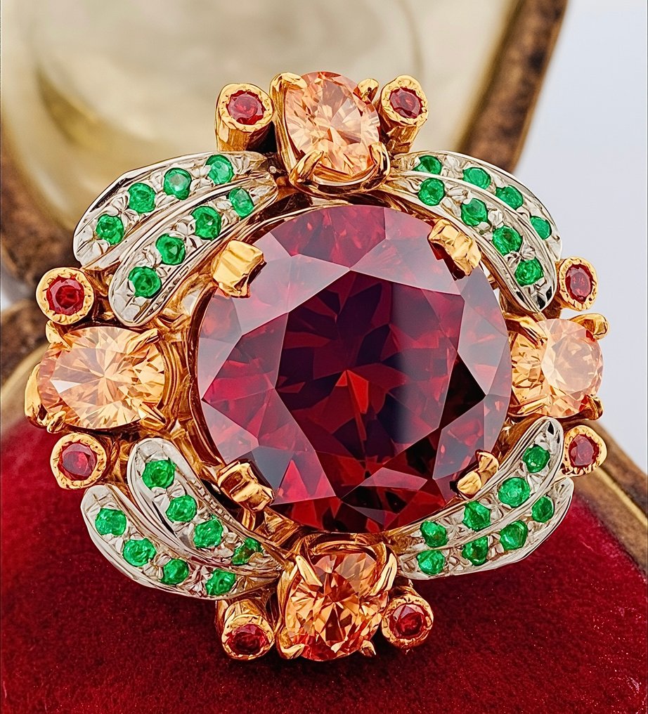 Nincs minimálár - Gyűrű - 9 Kt Sárga arany, Ezüst Gránát - Smaragd #3.2