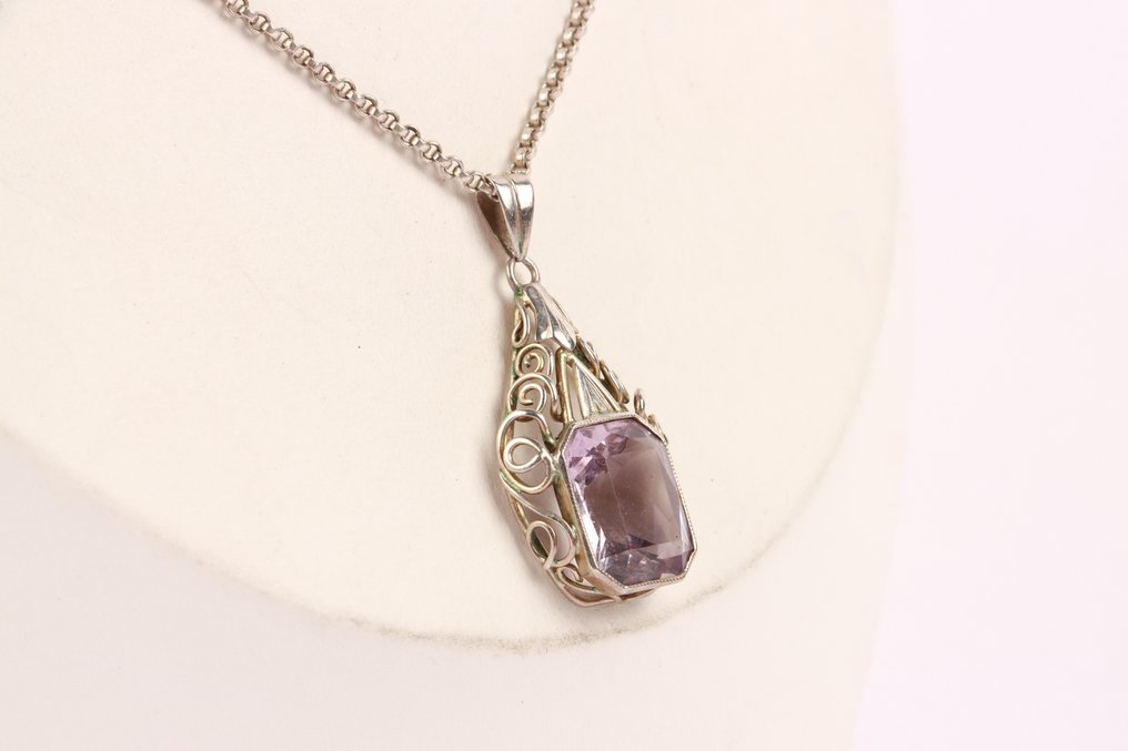 Fără preț de rezervă - Colier cu pandantiv Argint - Art deco amethyst #2.1