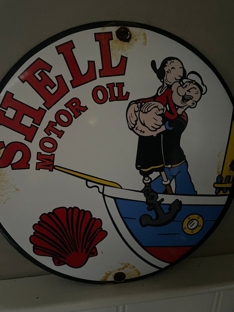 搪瓷广告牌 – Shell Motor Oil – 配有 Popeye 和 Olive Oyl – 圆形 – 复古风格 - 珐琅标志 - 搪瓷 #1.0