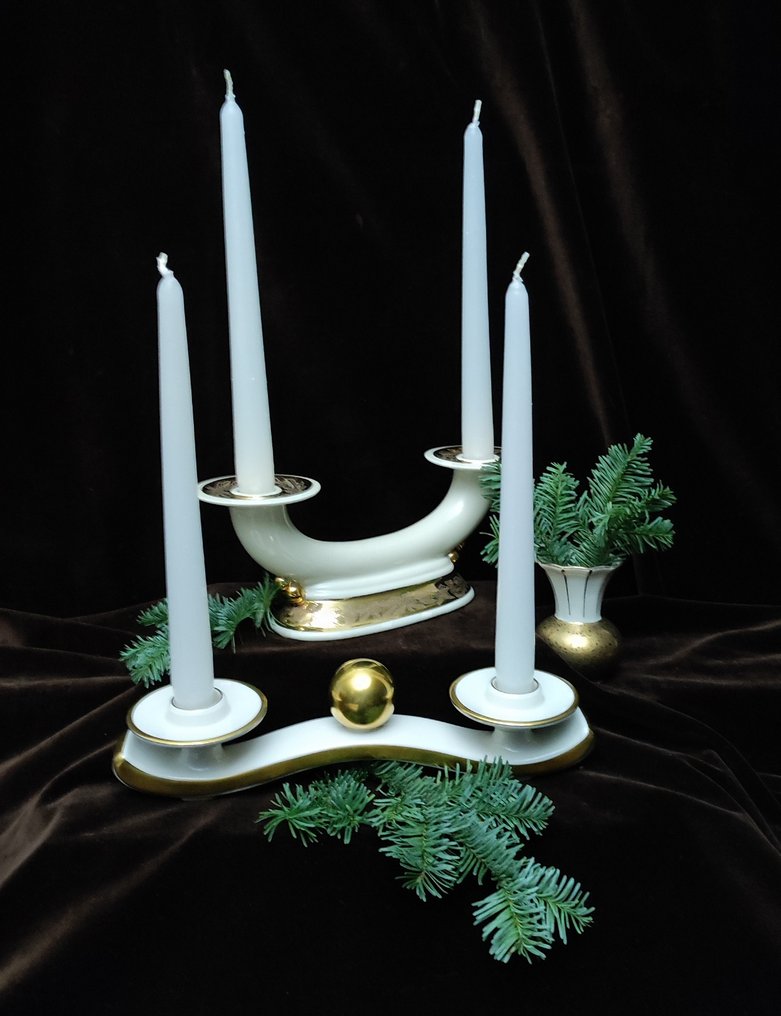 AL-KA Kunst Kronach, Lindner Kueps, Gerold & C. Tettau - Candleholder (3) - Ivory porcelain, partially gold-plated #1.0