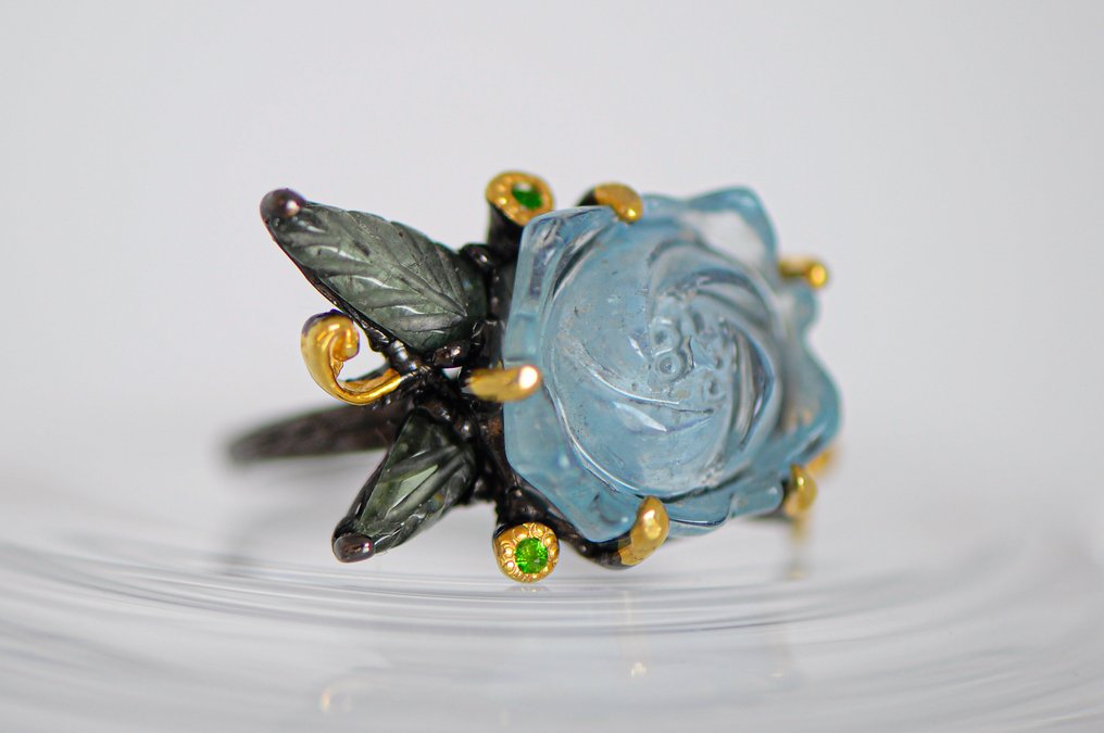 925 ασήμι μαύρο ρουμπίνι ρουμπίνι - ακουαμαρίνα - τουρμαλίνης - χρωμικό διοψίδιο - Δαχτυλίδι #1.0