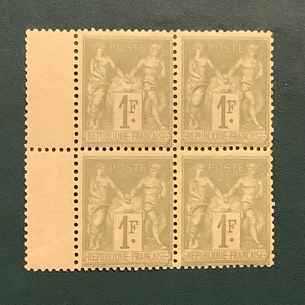 法国 1883 - 1 Fr Sage 类型 II，四块装，带边缘 - Yvert 82 #1.0