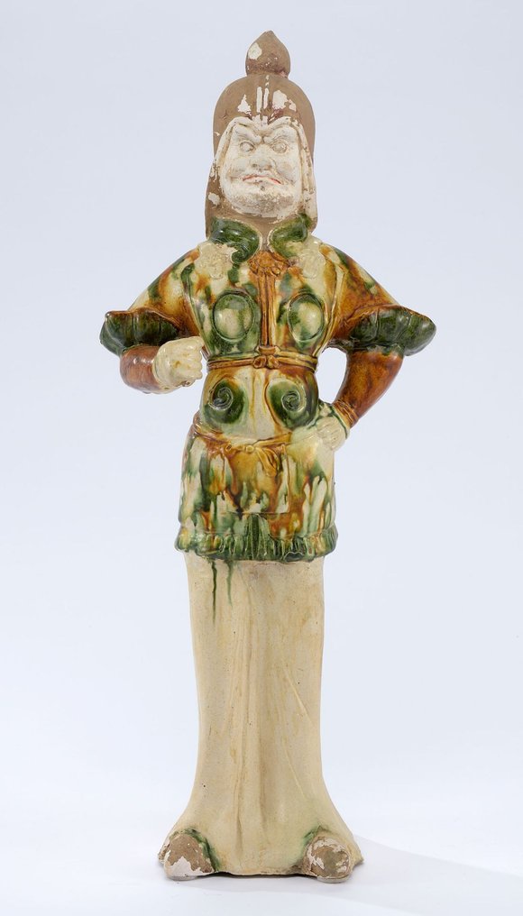 Chinois ancien, empire unifié des Tang Terre cuite Magnifique et grande poterie en sancai, Lokapala. Testé TL. - 59 cm #1.0